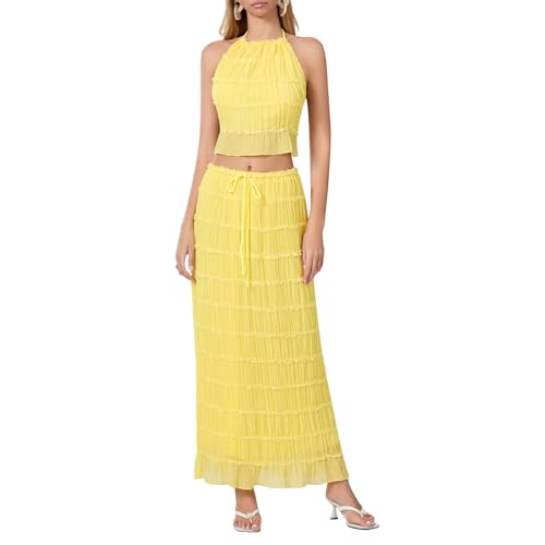 Image of Women Y2K Skirt Set Outfits Strapless Crop Top Bodycon Midi Skirt Dress Sexy 2 Piece Knit Outfits Skirt Summer