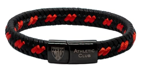 Athletic Club Pulsera de Cuero Trenzado negro y cordón de nailon rojo, Cierre de Acero Inoxidable. Producto oficial