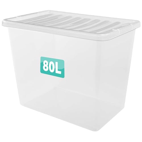 Optimal Products 1 x 80 Litre Clear Plastic Storage Box With Lids UK BRITISH MADE Home Office Stackable Transparent Plastic Boxes Size 5 11 24 28 35 45 62 Litre