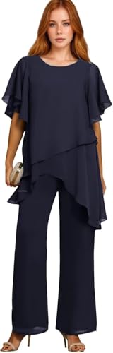 2 Pieces Mother of The Bride Pant Suits for Wedding Long Sleeves Chiffon Pantsuits Formal Evening Outfit with Jacket