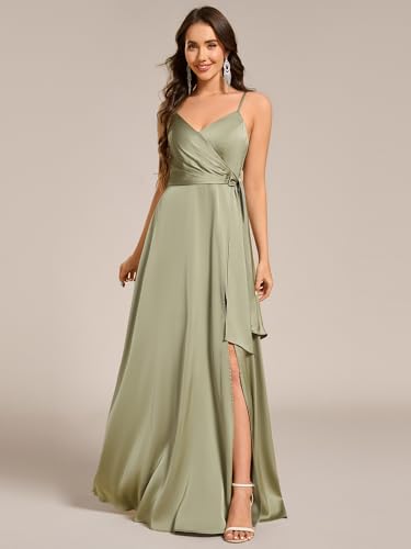 Image of Ever-Pretty Women's Sexy Spaghetti Straps Ruched V Neck Floor Length Satin Formal Dress with Slit 02317