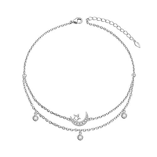 Star & Moon Layered Anklet 925 Sterling Silver For Women Girls Adjustable Ankle Bracelet Boho Beach Foot Chain 9+1.5 Inch Charm Jewelry Birthday Christmas Gifts #TOP28