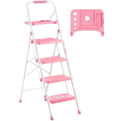 BONTEC Escaleras Plegables de 4 Escalones, Capacidad de 150KG con Pedales Antideslizantes Anchos, Taburete Escaleras de Mano de Acero, Manubrio de Esponja, Uso en Interiores y Exteriores, Rosa