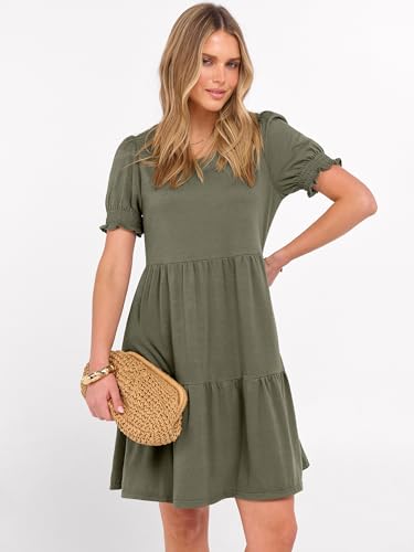 Image of ANRABESS Women Summer Square Neck Puff Short Sleeve Mini Dress 2026 Casual Flowy Sundress Beach Vacation Clothes with Pockets