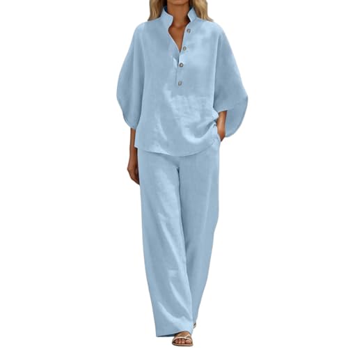Tenue d'été femme chemise lin coton et pantalon jambes larges avec poches