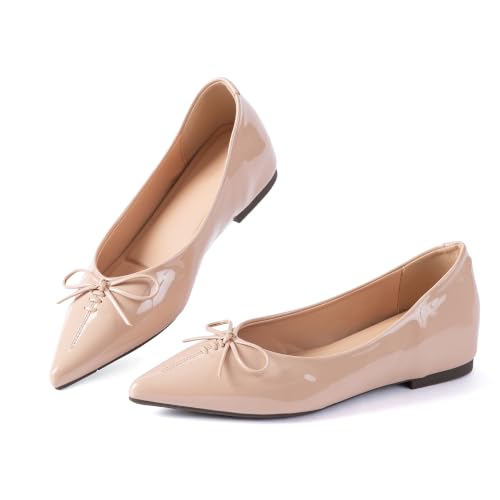 Noctivelle Womens Pointed Toe Dorsay Flats Patent Leather Cutout Side Leg Lengthening Slip On Dress Shoes Work Office Party Evening Casual Bow Nude Size 6.5