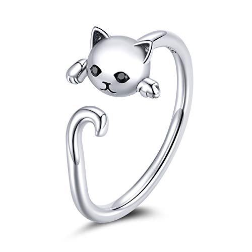 GDDX Sterling Silver Moonstone Fox Ring Animal Foxtail Adjustable Open Ring Anniversary Birthday Fox Jewelry Gifts for women girls (cat)
