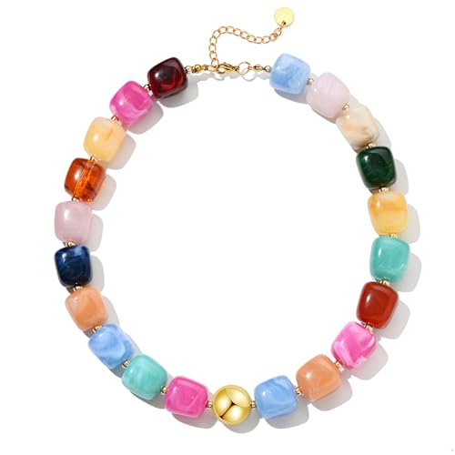 Abiotp Colorful Chunky Beaded Necklace for Women Trendy Summer Boho Statement Beach Choker Handmade Charm Resin Necklaces Fashion Jewelry Gifts Accessories (Colorful)