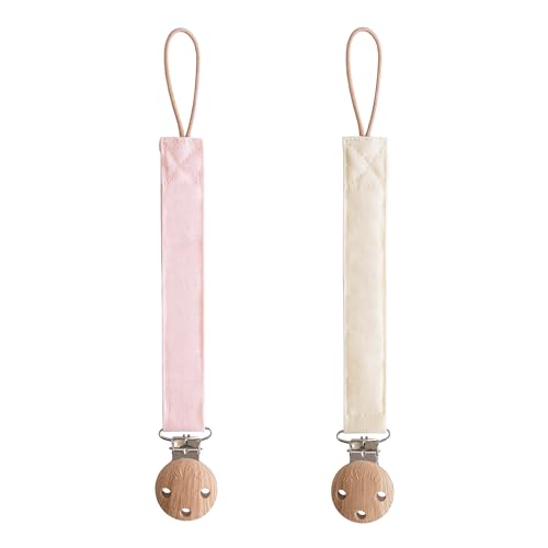 Image of mushie Linen Baby Pacifier Clip Holder | Soft Fabric Strap, 2-Pack (Blush/Cream)