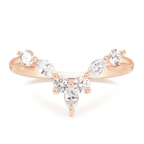 Mameloly Wedding Bands for Women Curved Marquise & Round Rose Gold Plated Dainty Stackable Cubic Zirconia CZ V Shaped Engagement Rings for Her Size 7