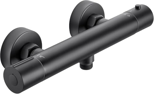 Auralum Miscelatore Doccia Nero, Miscelatore Termostatico Doccia, Rubinetto Doccia da Muro con Controllo Costante Della Temperatura a 38℃, Miscelatore Doccia Esterno per Vasca da Bagno, con Deviatore