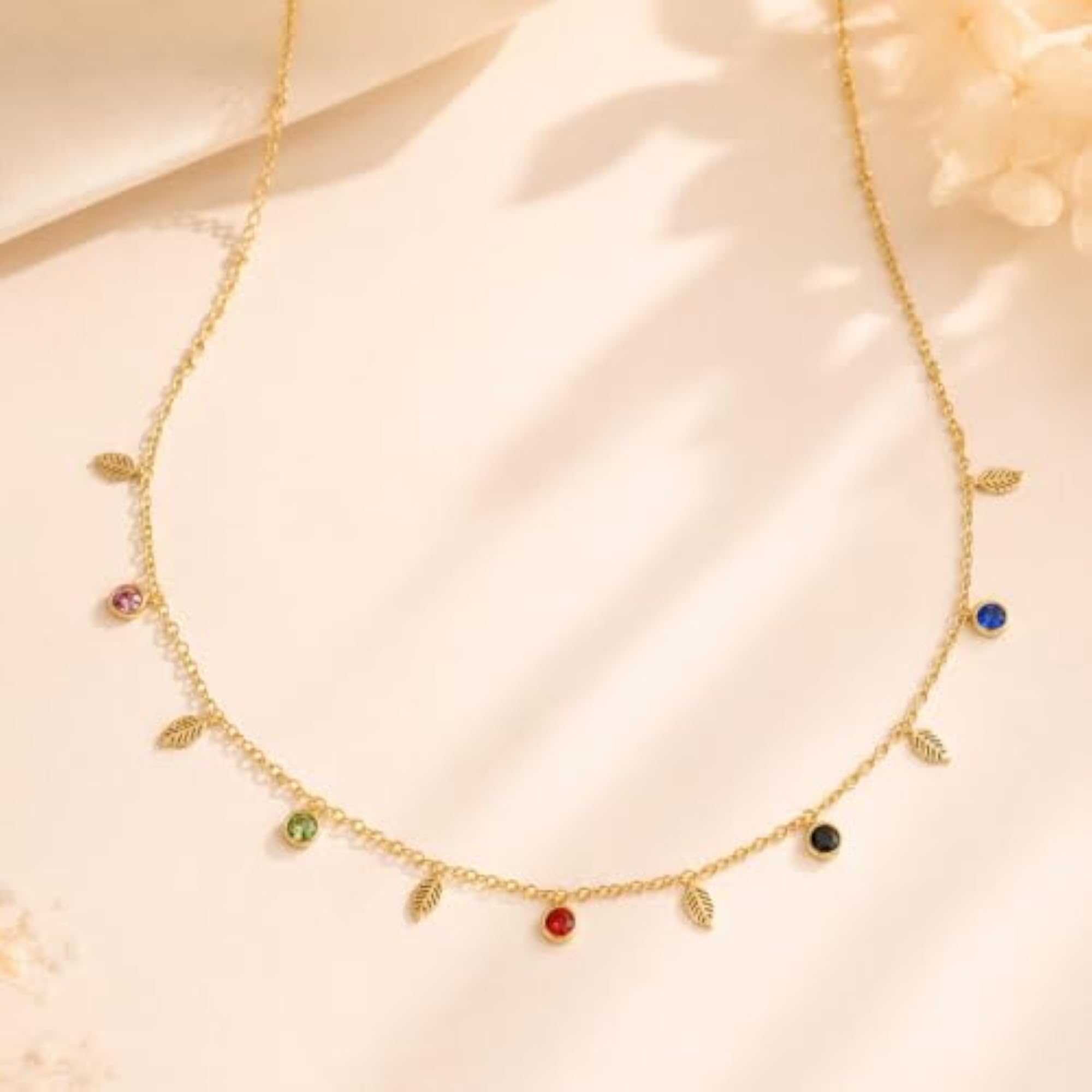 Women's 18K Gold Plated Leaf & Crystal Charm Necklace