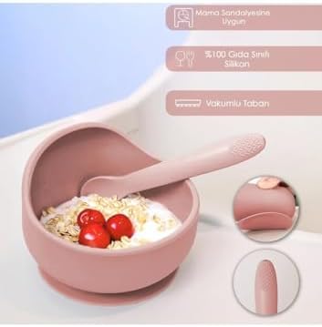 Meleni Baby 2'li Silikon Bebek Beslenme Seti - Vakumlu Mama Kasesi - Diş Kaşıyıcı Silikon Kaşık - Pembe - Görsel 6