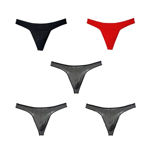 BY.ECG Men's Soft Cotton Thong Classic Y-type Low Rise Pouch Supporting 5 Pack GREY/BLACK/RED(L)