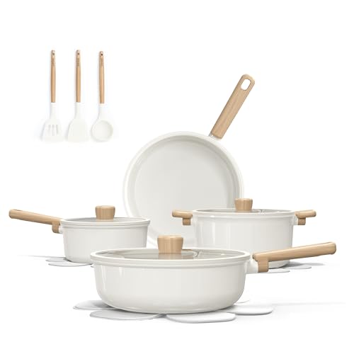 CAROTE 14Pcs Nonstick Ceramic Cookware Set, Non Toxic Cookware PFAS/PFOA Free, Cream White Pots and Pans Set Non Stick, Kitchen Cooking Pan Set, Large Capacity
