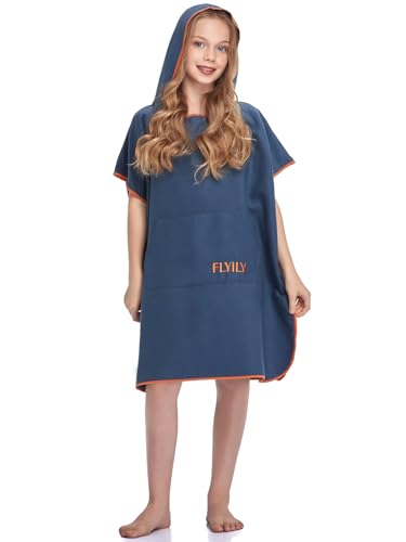 Umkleide-Poncho von FLYILY, Umkleide-Tuch mit Kapuze, leicht, Mikrofaser, mit Tasche, für Erwachsene und Kinder, Herren, navy, Small(Fit for Kids)