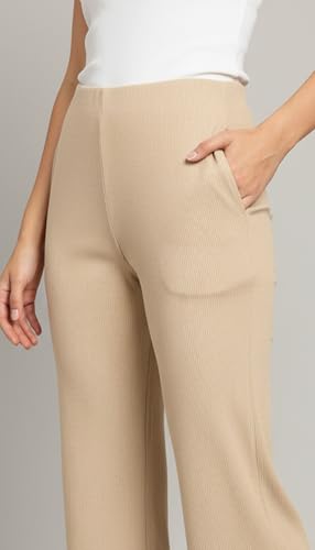 Image of Mehrang High Waisted Wide Leg Ribbed Knit Trousers with Pockets | Casual and Stretchy Pants | for Women