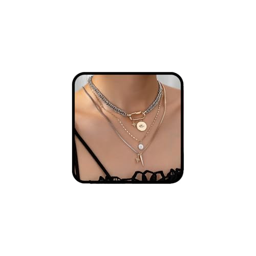 Gold Layered Necklaces For Women, 3PS Chunky Two Tone Necklace Silver Coin Pendant Paperclip Stacked Chain Trendy Statement Jewelry Gift