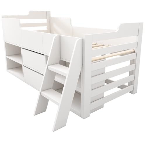 ANIROY Cabin Bed Mid Sleeper Bed Frame Storage Kids Wooden bed with Drawers Shelf Storage Low Sleeper Bed 3ft Single Children's Wooden Bed - 3ft Single (90 x 190 cm) Frame Only, White ANIROY Cabin Bed Mid Sleeper Bed Frame Storage Kids Wooden bed with Drawers Shelf Storage Low Sleeper Bed 3ft Single Children's Wooden Bed - 3ft Single (90 x 190 cm) Frame Only, White