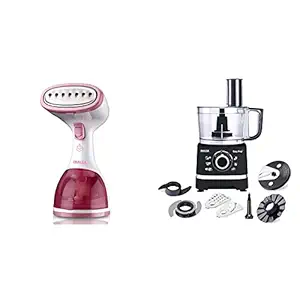 Inalsa Steamax 1200-Watt Garment Steamer with Detachable Fabric & Steam Brush & 260ml Capacity | Vertical & Horizontal Ironing, (White/Pink) & Inalsa Food Processor Easy Prep-800W