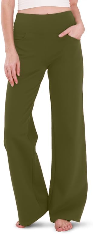 Houmous Wide Leg Pants Women Cotton Yoga Pants 28"/31"/34" High Waist Loose Lounge Stretch Trousers with Pockets