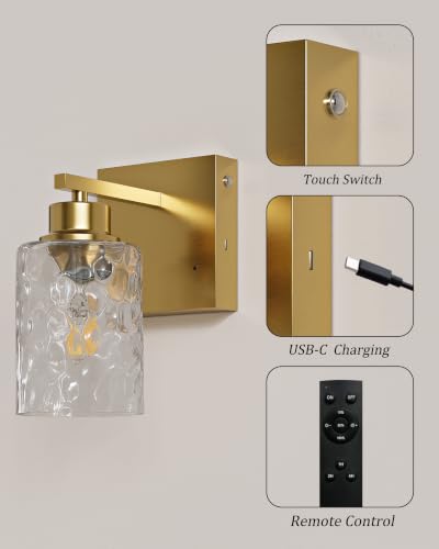 Image of Hammered Glass Wireless Battery Operated Wall Sconces Set of Two Gold