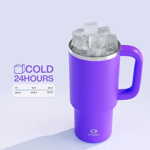 Image of 32 oz Tumbler with Handle and Straw: Stainless Steel Insulated Tumbler Keeps Cold for 24 Hours, Leakproof Travel Cup Fits in Cup Holder and BPA-Free,Violet