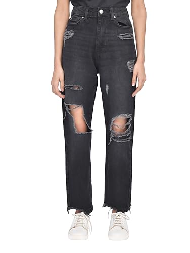 SmartLiving Women's Casual Style High-Waisted Torn Hem Rip Mom Jeans (UK, Numeric, 10, Regular, Regular, Black)