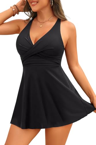 Aqua Eve Swim Dress Women Two Piece Swimsuits - Tummy Control Tankini Bathing Suit Twist Front Flowy Skirt and Boyshorts Black X-Large
