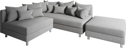 DELIFE Eckcouch Clovis Grau Flachgewebe mit Hocker Ottomane Rechts Ecksofa