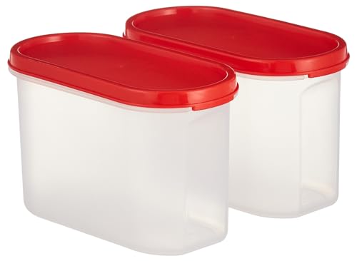 Image of Amazon Brand - Solimo Antimicrobial Modular Plastic Storage Containers with Lid (1200 ml each) | Stackable | BPA-Free |Microwave Safe |Multipurpose Use for Snacks, Spices, & more(Set of 2) (Light Red)
