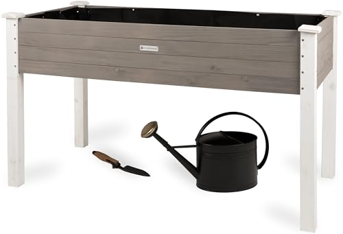 WONDERMAKE® Großes Hochbeet aus Holz für Garten Balkon Terrasse, Pflanzkasten Bausatz XL rechteckig schmal mit Vlies-Folie, Kräuterbeet Pflanzenkasten, 124 x 63 x 75 cm, weiß grau anthrazit