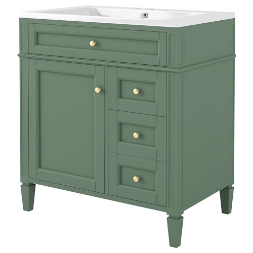 Linique 30" Bathroom Vanity with Sink Combo Set, Solid Wood Frame Bathroom Storage Cabinet with 2 Drawers and a Tip-Out Drawer, Soft Closing Cabinet Door with Organizer, Green
