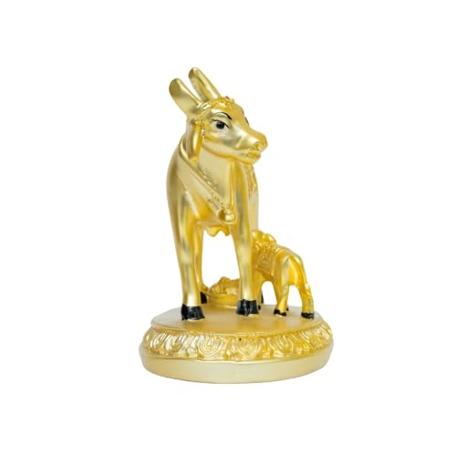 Image of Gold Matte Kamdhenu Cow with Calf Idol | Small Size Gold-Plated Holy Cow & Calf Statue | Divine Symbol of Wealth & Abundance | Festival & Housewarming Gift | Size 8.5cm x 5cm x 5.5cm