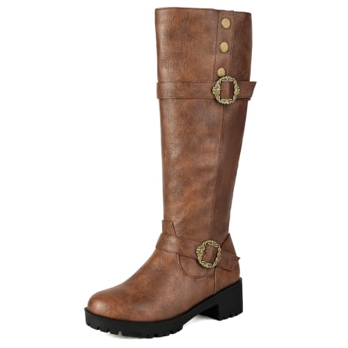 Image of Betastella Pirate Costume Boots Women Knee High Chunky Heel Platform Riding Boots, Size 9.5, Brown