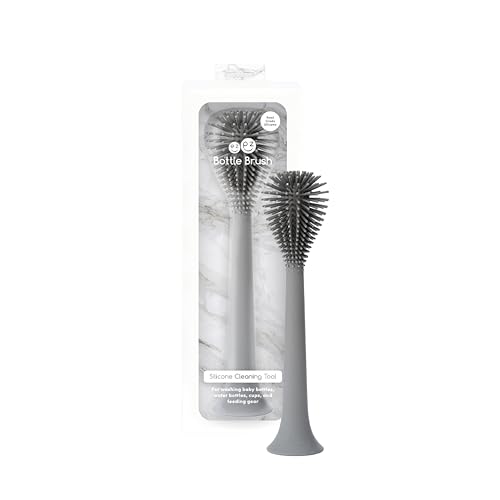 Image of ezpz Silicone Bottle Brush (Gray) - Cleaning Tool With Long Sturdy Handle - Flexible Top for Tight Spaces - Gently Cleans Cups, Glasses, and Accessories - Suction Base, BPA-Free
