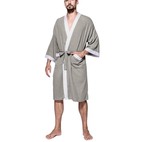 Men's Robe waffle Bathrobe Soft Knee Length Sleepwear Color Block Patchwork Loose Breathable Leisurewear Homewear