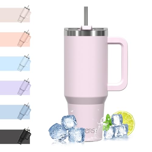 WATERSY 1182 ml Termo con Asa, Grande Vaso Termico Acero Inoxidable, 40oz Rose Quartz Taza de Café con Pajita, Termo de Agua para Frío y Caliente, Travel Mug Doble Pared, para Gimnasio, Viaje