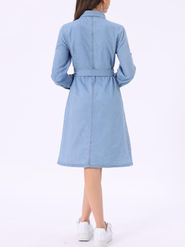 Image of Allegra K Denim Dress for Women's Long Sleeve Button Down A-Line Belted Classic Jean Dresses