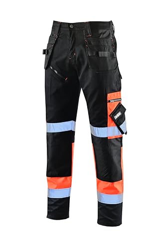 SSS® Mens Hi Viz Jogging Bottoms High Visibility Two Tone Work Trousers Mens Combat Workwear Hi Vis Joggers Fluorescent Workwear Pants Orange/Black