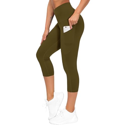 THE GYM PEOPLE Thick High Waist Capris Yoga Pants with Pockets, Tummy Control Workout Running Yoga Leggings for Women Green Brown Large