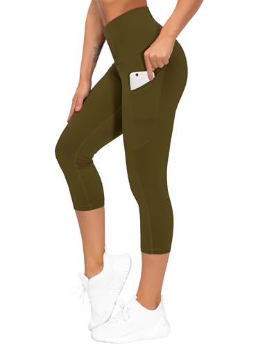 Image of THE GYM PEOPLE Thick High Waist Capris Yoga Pants with Pockets, Tummy Control Workout Running Yoga Leggings for Women