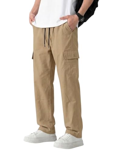 Image of Cargo for Men | Cotton Cargo Pant | Lower for man | Elastic Drawstring Waist Straight Fit Bottoms | Comfortable Breathable Cargos for Casual, Office Wear