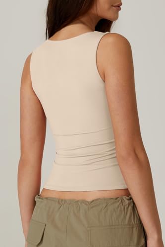 Image of QINSEN Women's Square Neck Sleeveless Double-Layer Tank Tops Basic Tight T Shirts