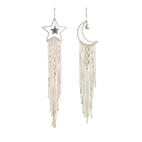 Shiwaki 2pcs Macrame Wall Hanging Star Moon Dream Catcher Tapestry Bohemian Home Decor Handmade Woven Decoration for Room Home Wedding Ornament Craft Gift(Beige)