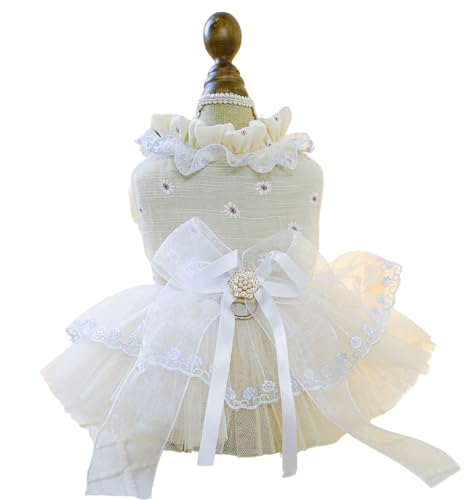 Image of HDKUW Small Dog Dress, Girl Puppy Lace Princess Skirt Tutu Dress with Bowknot,Chihuahua Yorkie Clothes Outfit for Birthday Wedding Party Beige Daisy XS