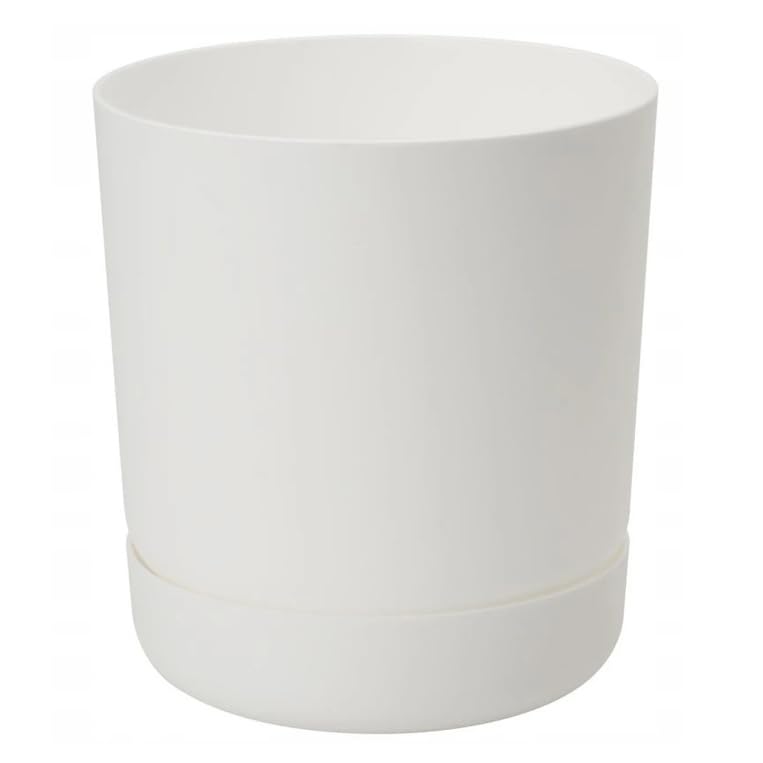 B2C Plant Pot with Saucer Flowerpot Round Plastic Modern Decorative 6 Pastel Colours Round Minimalistic Home Patio 1.5L 2.3L 3.3L (White, 25cm)