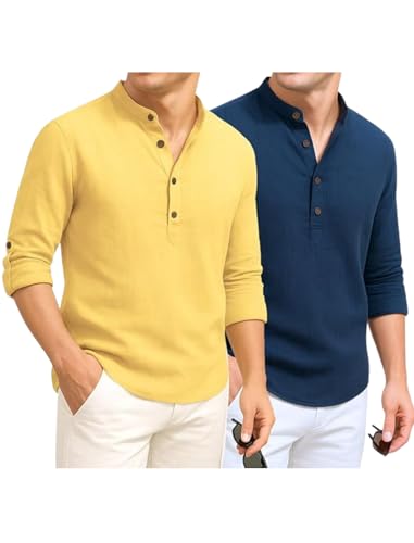 Image of DEEMOON Combo of Men's Cotton Blend Solid Regular Fit Full Sleeve Short Kurta | Men's Trendy Short Kurta Pack of 2 (Available in Plus Size & Combo Packs)