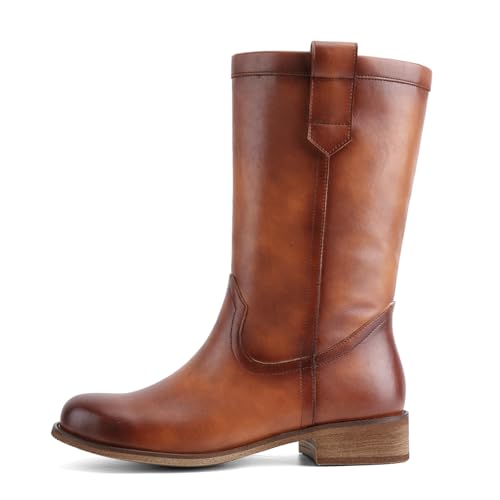 QIV Mid-Calf Cowboy Boots for Women – Pull On Western Cowgirl Boots with Low Stacked Heel & Round Toe