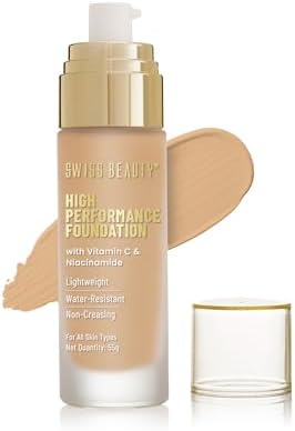 Swiss Beauty High Performance Foundation | Water-Resistant | Medium To Buildable Coverage Liquid Dewy Finish | Lightweight | Easy To Blend | With Vitamin C & Niacinamide | 07 Natural Buff, 55G